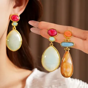 Vintage Resin Water Drop Earrings With Silver Earring Post Elegant Multi Layered Color Block Drop Earrings For Women Jewelry