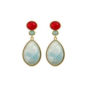Vintage style resin teardrop earrings featuring marbled blue and red stones in gold setting