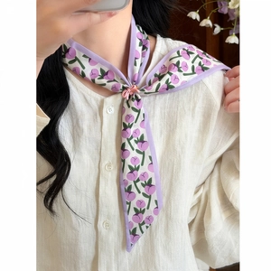 Elegant purple floral narrow silk scarf necklace for women's shirt neck decoration.