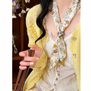 Elegant floral print silk scarf necklace with metallic ring slider for women neck decor