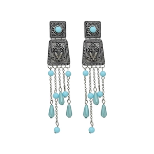 Vintage silver-toned tassel earrings with light blue turquoise-style acrylic beads.