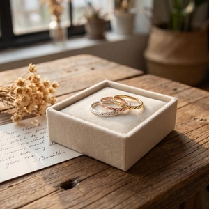 Close-up detail of three textured stainless steel rings showcased in a beige jewelry box.