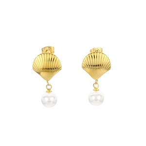 Elegant gold stainless steel shell stud earrings with delicate white pearl pendants