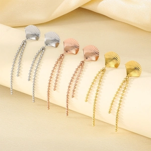 Close-up of stainless steel shell tassel earrings in gold, silver and rose gold colors