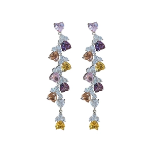 Elegant cascading multi-colored heart zircon dangle earrings with silver needles for women.