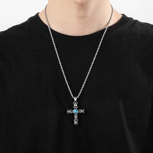 Vintage retro titanium steel cross pendant necklace with crown and blue turquoise for men