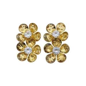 Elegant French style gold-plated flower stud earrings featuring faceted yellow zircon crystals