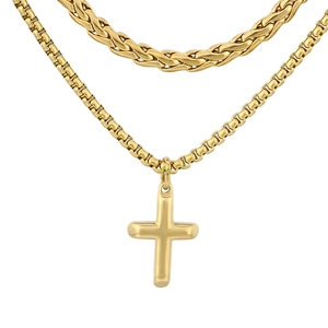 Double-layer gold titanium steel necklace with cross pendant and woven chain style