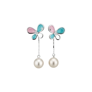 Elegant silver butterfly earrings with colorful zircon stones and hanging white pearls.