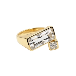 18k gold plated geometric ring with emerald cut clear stones on white background