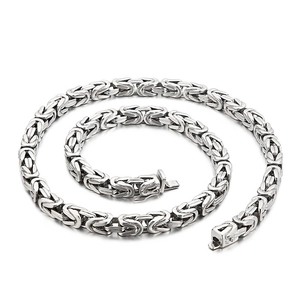 Silver-toned stainless steel Byzantine chain necklace for men with square links and high polish.