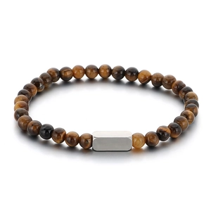 Men's natural tiger eye beaded bracelet with a minimalist stainless steel rectangular bar