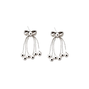 Elegant Korean style silver bowknot tassel earrings with delicate white faux pearls