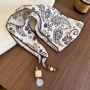 Vintage paisley print scarf necklace accessory with wooden beads and silver metal charm