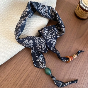 Vintage navy blue floral printed scarf necklace featuring unique decorative colorful beads