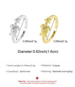 Dettagli dell'anello tartaruga e stella marina con specifiche di diametro e peso