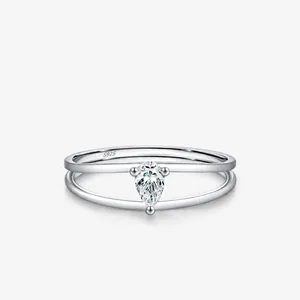 GRA 925 Sterling Silver Moissanite Double Layer Open Ring For Women Minimalist Geometric Pear Cut Gemstone Finger Ring