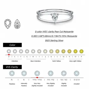 Minimalist S925 sterling silver double layer ring with pear-cut moissanite