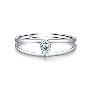 Minimalist S925 sterling silver double-layer ring featuring a pear-cut moissanite stone