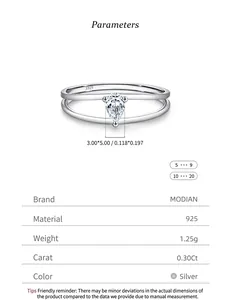 Detailed view of minimalist S925 sterling silver double-layer ring with pear-cut moissanite stone