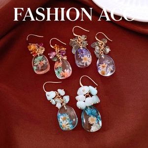 Handmade resin earrings with real dried flowers and assorted natural gemstone beads
