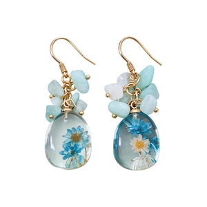 Handmade resin teardrop earrings with real blue dried flowers and natural stones