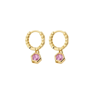 French style gold hoop earrings featuring hexagonal charms with pink zircon gemstones
