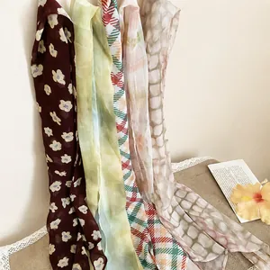 French vintage floral and striped fabric scarf necklaces set, summer neck accessory