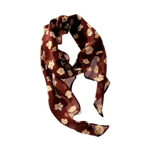 Elegante sciarpa a nastro in chiffon con stampa floreale bordeaux e beige