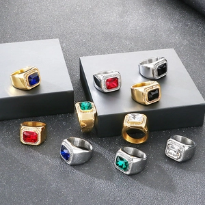 Macro detail of hip-hop style men's stainless steel rings featuring colorful square gemstones