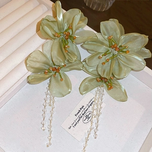 Detailed view of light green chiffon flower earrings with crystal tassels and seed beads.