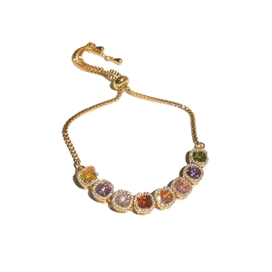Elegant gold-plated adjustable bracelet with colorful square-cut cubic zirconia stones