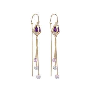 Elegant 18k gold plated tulip drop earrings with purple zircons and long dangling tassels
