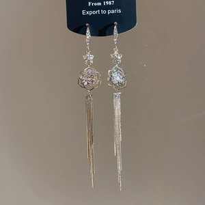Elegant 18k gold plated drop earrings featuring crystal roses and long delicate tassels