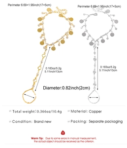 Detailed size and material specifications for gold and silver finger chain bracelets.