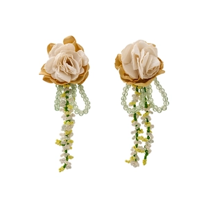 Exquisite fabric flower drop earrings with green glass bead tassels and silver needles