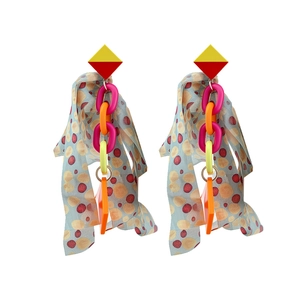 Vibrant chiffon fabric tassel earrings with colorful geometric acrylic chain links.