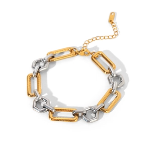 Detail of two-tone stainless steel chunky link bracelet with gold and silver geometric links.