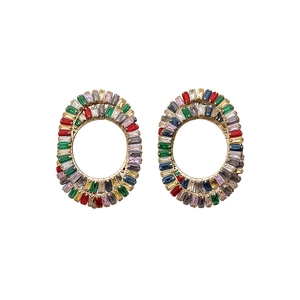 Elegant oval gold-plated stud earrings featuring colorful multi-layered baguette zircons