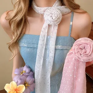 Ensemble de Bijoux Coréen Doux Fleur Foulard en Soie Collier et Barrette pour Femmes Romantique Chiffon Imprimé Choker Accessoire avec Tige en Argent