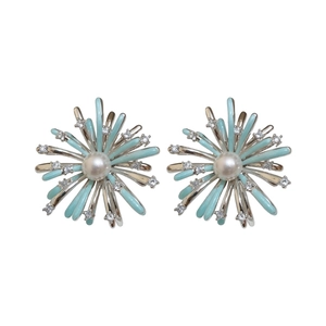 Zircon firework stud earrings with light blue enamel and pearl accents in silver tone