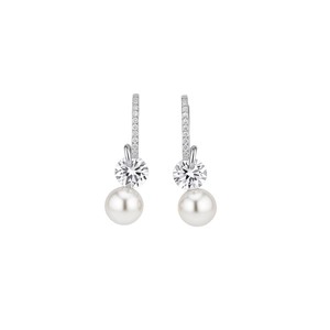 Elegant C-shaped silver hoop earrings featuring brilliant zircon and hanging white pearl drop