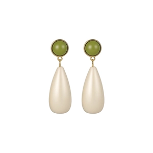 Elegant minimalist resin drop earrings with olive green studs and cream teardrop pendants