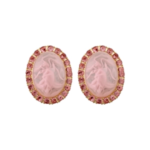 Elegant pink oval cameo stud earrings with sparkling rhinestone halo and gold setting