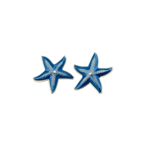 Elegant blue enamel starfish stud earrings with gold trim and crystal for beach vacations