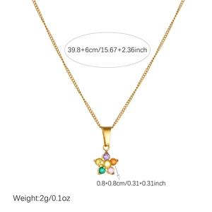 Detailed measurements of the gold-plated flower pendant necklace on white background.