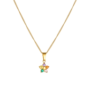 Detailed close-up of a delicate gold-plated necklace with a colorful flower pendant