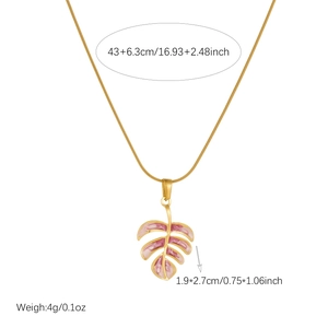 Collana in acciaio inossidabile dorato con pendente a foglia tropicale rosa e misure dettagliate