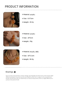Productinformatie voor barnsteenkleurige acryl ketting en armband sieradenset.