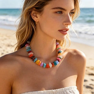 Vibrant candy-colored irregular crushed stone necklace on a model at the beach